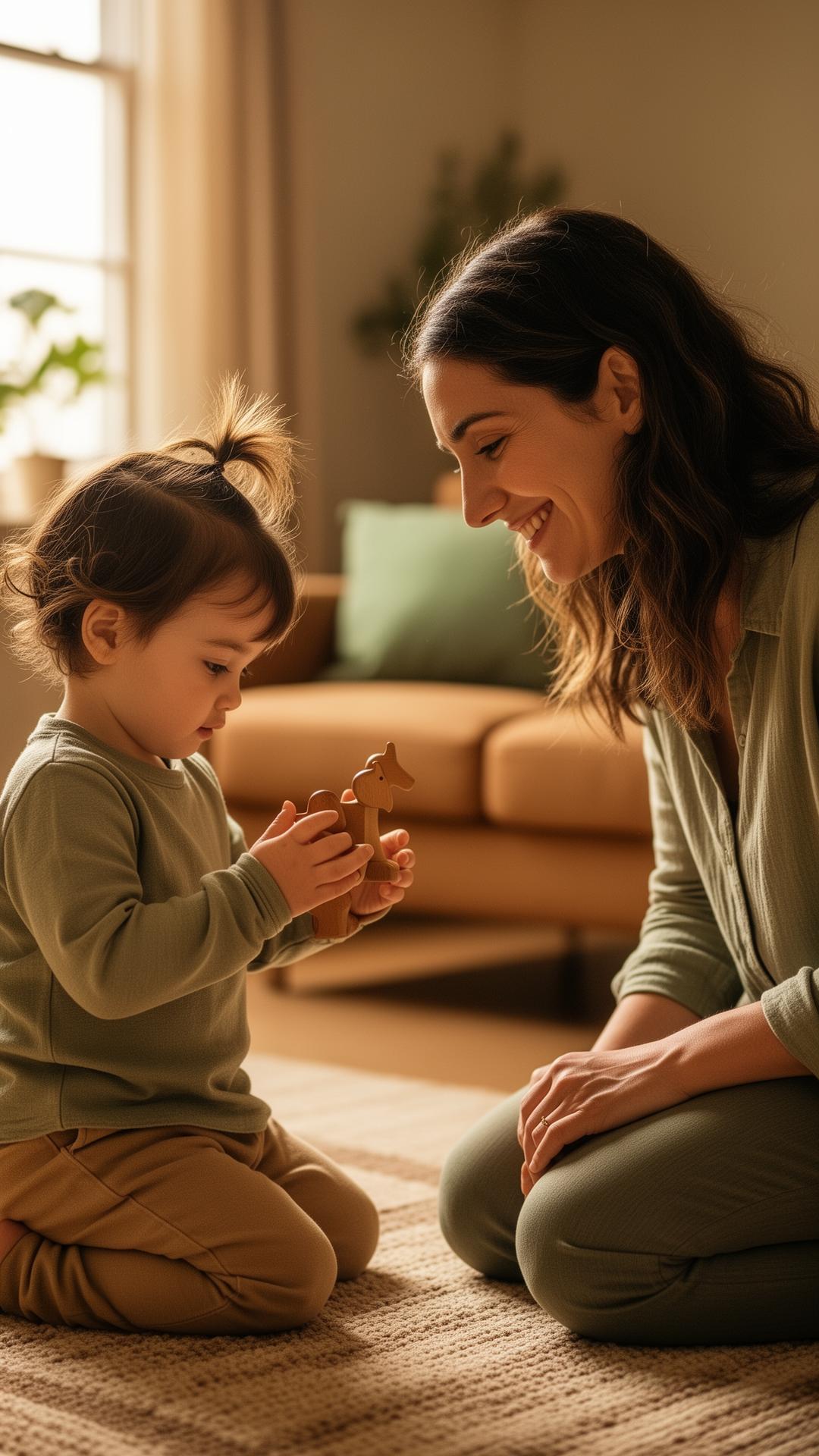 A parent kneeling at eye level with their young child, sharing a tender moment of connection and play